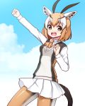  1girl :d animal_ears ascot bangs blue_sky brown_eyes collared_shirt cowboy_shot day eyebrows_visible_through_hair hand_up horns kemono_friends looking_at_viewer multicolored_hair open_mouth orange_hair orange_neckwear outstretched_arm pantyhose pleated_skirt shirt skirt sky smile solo standing tail thomson&#039;s_gazelle_(kemono_friends) totokichi white_skirt wing_collar 