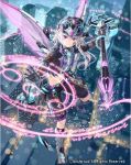  1girl armor armored_boots boots cardfight!!_vanguard company_name dark_saga_painter facial_mark gloves hat long_hair magic_circle midriff navel pink_eyes pointy_ears polearm solo spear tadokoro_teppei teeth weapon white_hair wings 