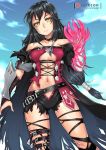  1girl bandage bandaged_arm belt black_choker black_hair breasts choker claws collarbone giovanni_zaccaria highres long_hair looking_at_viewer medium_breasts navel solo tales_of_(series) tales_of_berseria torn_clothes under_boob velvet_crowe very_long_hair yellow_eyes 