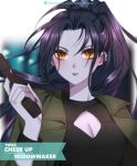  1girl atobesakunolove bangs black_sweater blurry blurry_background blush breasts casual character_name cleavage cleavage_cutout english forehead green_jacket gun handgun highres holding holding_gun holding_weapon jacket lips long_hair medium_breasts open_clothes open_jacket overwatch parted_bangs parted_lips pistol ponytail purple_hair purple_skin solo sweater tsurime upper_body watermark weapon web_address widowmaker_(overwatch) wristband yellow_eyes 