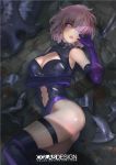  1girl ass black_legwear breast_lift breasts cglas elbow_gloves fate/grand_order fate_(series) feet_out_of_frame gloves hair_over_one_eye hand_up large_breasts lying mash_kyrielight navel on_back on_floor parted_lips planted_weapon purple_gloves shielder_(fate/grand_order) solo thigh_strap violet_eyes watermark weapon 