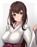  1girl breasts brown_hair closed_mouth hakama highres japanese_clothes large_breasts light_smile long_hair miko original red_hakama solo takanashi-a violet_eyes wide_sleeves 