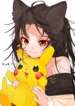  1girl animal_ears artist_name bare_shoulders brown_hair collarbone commentary_request dated dress fang fingernails forehead gotoh510 highres holding imaizumi_kagerou long_hair looking_at_viewer messy_hair off-shoulder_dress off_shoulder pikachu pokemon pokemon_(creature) red_eyes simple_background smile solo touhou upper_body white_background wolf_ears 