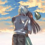  1boy 1girl back_turned black_hair blue_hair clouds cloudy_sky couple day dragon_ball dragon_ball_super dragonball_z eyebrows_visible_through_hair gloves hands_on_another&#039;s_back hat hetero hug jacket long_hair mai_(dragon_ball) military_hat out_of_frame pants short_hair sky trunks_(dragon_ball) twilight 