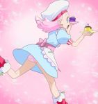  1girl cake food haruyama_kazunori hat kirakira_precure_a_la_mode macaron open_mouth panties pekorin_(precure) pink_background pink_hair pink_panties precure short_hair solo standing underwear white_hat 