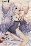  1girl bandage bandaged_leg bangs bed bed_sheet bil-ajeossi blood blood_bag blue_eyes blush closed_mouth dress eyebrows_visible_through_hair eyelashes girls_frontline hair_between_eyes highres intravenous_drip long_hair looking_at_viewer lying messy_hair no_panties on_side pillow ribeyrolles_1918_(girls_frontline) short_dress shoulder_cutout side_slit silver_hair solo tassel thighs very_long_hair wavy_hair wide_sleeves 