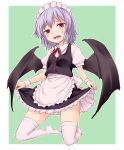  1girl alternate_costume apron bangs bat_wings black_wings blush detached_collar enmaided fang full_body kneehighs looking_at_viewer maid maid_headdress miyo_(ranthath) neck_ribbon no_shoes open_mouth outside_border puffy_short_sleeves puffy_sleeves purple_hair red_eyes red_ribbon remilia_scarlet ribbon short_hair short_sleeves skirt_hold slit_pupils solo sweat thigh-highs touhou waist_apron white_apron white_legwear wings zettai_ryouiki 