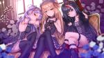  3girls admiral_hipper_(azur_lane) arm_garter arm_rest azur_lane bangs bare_shoulders belt_buckle black_belt black_dress black_footwear black_gloves black_hair black_hat black_legwear blonde_hair blue_eyes blue_flower blurry blurry_background blurry_foreground boots breasts brown_eyes buckle candle candlestand cleavage closed_mouth collarbone commentary_request couch cross-laced_footwear depth_of_field detached_sleeves deutschland_(azur_lane) dress eyebrows_visible_through_hair flower girl_sandwich gloves gothic_lolita green_eyes grin gun hair_between_eyes hair_ribbon hairband hand_on_own_knee hand_up handgun hat head_tilt holding holding_gun holding_weapon indoors iron_cross knee_boots lace lace-trimmed_gloves lace-up_boots leg_belt legs_crossed lolita_fashion lolita_hairband long_hair long_sleeves looking_at_viewer medium_breasts mini_hat mini_top_hat multicolored_hair multiple_girls on_couch one_side_up pantyhose pistol prinz_eugen_(azur_lane) purple_hair red_ribbon redhead revision ribbon ryuinu sandwiched sharp_teeth sitting sleeveless sleeveless_dress smile strapless strapless_dress streaked_hair teeth thigh-highs top_hat very_long_hair weapon white_flower 