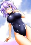  1girl blue_swimsuit blush breasts d-m_(dii_emu) dutch_angle finger_to_mouth gluteal_fold hat highres large_breasts lavender_hair letty_whiterock looking_at_viewer one-piece_swimsuit solo swimsuit touhou turtleneck violet_eyes 