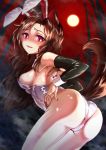  1girl animal_ears ass bare_shoulders black_gloves blush breasts bright_pupils brown_hair bunnysuit elbow_gloves full_moon gloves highres imaizumi_kagerou leotard long_hair looking_at_viewer medium_breasts moon nomayo outdoors rabbit_ears red_eyes sideboob solo sweat tail touhou white_leotard wolf_ears wolf_tail wrist_cuffs 