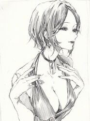  1girl bangs bare_shoulders breasts choker cleavage dress earrings eyelashes fingernails graphite_(medium) halterneck hayami_kanade idolmaster idolmaster_cinderella_girls jewelry lipstick lipstick_mark long_fingernails makeup medium_breasts monochrome mossi nail_polish parted_bangs parted_lips short_hair sketch solo traditional_media upper_body 