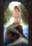  1girl absurdres bangs bare_arms bare_shoulders bikini blue_bikini breasts brown_hair cave cleavage closed_mouth hair_ornament hand_up head_tilt highres jewelry koizumi_amane light_rays lips long_hair looking_at_viewer mermaid monster_girl navel necklace original pink_lips rock smile solo starfish swimsuit violet_eyes water 