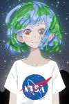  1girl :3 artist_name blue_hair brown_eyes collarbone commentary earth-chan green_hair highres looking_at_viewer making_of multicolored_hair nasa_logo nyanafk original shirt short_hair smile solo t-shirt two-tone_hair upper_body 