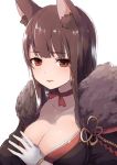 1girl absurdres akagi_(azur_lane) animal_ears azur_lane bangs breasts brown_eyes brown_hair choker cleavage collarbone commentary dyson_(edaokunnsaikouya) eyebrows_visible_through_hair fox_ears fur_trim gloves hair_ornament hand_on_own_chest highres large_breasts light_smile long_hair looking_at_viewer parted_lips ribbon_choker simple_background solo upper_body white_background white_gloves x_hair_ornament 