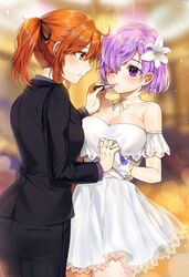  2girls ahoge bare_shoulders black_jacket black_pants black_ribbon blush breasts cleavage closed_mouth commentary_request dress eye_contact eyebrows_visible_through_hair fate/grand_order fate_(series) flower formal fujimaru_ritsuka_(female) gijang gloves hair_flower hair_ornament hair_ribbon hand_holding jacket large_breasts looking_at_another mash_kyrielight multiple_girls orange_hair pant_suit pants parted_lips ponytail purple_hair ribbon short_hair standing strapless strapless_dress suit suit_jacket violet_eyes white_dress white_flower white_gloves white_ribbon yellow_eyes 