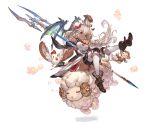  1girl animal bangs bare_shoulders bird boots bow bowtie breasts chicken dark_skin dog dragon full_body granblue_fantasy hair_ornament holding holding_weapon horns knee_pads long_hair looking_at_viewer medium_breasts minaba_hideo monkey official_art pleated_skirt polearm red_eyes sheep sheep_horns skirt smile the_order_grande thigh-highs transparent_background weapon wide_sleeves zettai_ryouiki 