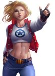  1girl blonde_hair blue_eyes cowboy_shot deviantart_username fingerless_gloves gloves hand_on_hip highres looking_away midriff one_eye_closed parted_lips pointing shirt short_hair standing tekino the_king_of_fighters vest white_background white_shirt 