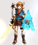  1boy blonde_hair boots earrings geetgeet jewelry link looking_at_viewer male_focus pointy_ears ponytail shield shorts sword the_legend_of_zelda the_legend_of_zelda:_breath_of_the_wild weapon 
