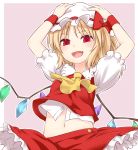  1girl :d arms_up ascot bangs blonde_hair bow buttons cowboy_shot eyebrows_visible_through_hair fang flandre_scarlet hands_on_headwear hat hat_bow looking_at_viewer miyo_(ranthath) mob_cap navel open_mouth outside_border red_bow red_eyes red_skirt short_sleeves skirt skirt_set smile solo touhou white_hat wristband 