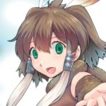  1girl :d animal_ears bare_shoulders brown_hair elephant_ears empty_eyes eyebrows_visible_through_hair eyelashes facing_away feathers green_eyes hair_feathers hair_tubes kemono_friends long_hair lowres mastodon multicolored_hair open_mouth original outstretched_arm outstretched_hand portrait sakuragi_rian short_hair_with_long_locks sidelocks smile solo tongue two-tone_hair white_hair 