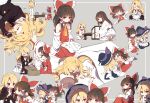  2girls bandaid bandaid_on_face barefoot black_hat bow box braid brown_hair candle closed_eyes detached_sleeves fire forbidden_scrollery grey_background hair_bow hair_tubes hakurei_reimu hat hat_bow kirisame_marisa long_hair looking_down lying multiple_girls multiple_views open_mouth piyokichi red_bow red_eyes red_skirt ribbon-trimmed_sleeves ribbon_trim robe sarashi side_braid sidelocks simple_background sitting skirt sleeping smile table touhou under_covers witch_hat 
