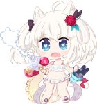  1girl ahoge animal_ears azur_lane bailingxiao_jiu bangs bare_arms bare_shoulders bikini blue_eyes bow bucket cannon cat_ears cat_girl cat_tail chibi commentary_request eyebrows_visible_through_hair fang flower frilled_bikini_top full_body hair_flower hair_ornament hair_rings hammann_(azur_lane) heart heart-shaped_pupils highres holding innertube navel open_mouth red_bow red_flower silver_hair simple_background solo standing star swimsuit symbol-shaped_pupils tail tail_bow tears torpedo transparent turret twintails wavy_mouth white_background white_bikini 