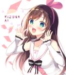  1girl :d a.i._channel abstract_background aqua_eyes bangs bare_shoulders black_ribbon blush breasts brown_hair character_name collarbone detached_sleeves hair_ribbon hairband hands_up kizuna_ai long_hair long_sleeves looking_at_viewer open_mouth pink_hair pink_hairband pink_ribbon ribbon sailor_collar shiny shiny_hair shirt sleeves_past_wrists small_breasts smile solo sumisaki_yuzuna tareme triangle upper_body virtual_youtuber white_sailor_collar white_shirt 