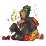  2boys bangs_pinned_back blonde_hair dark_skin dark_skinned_male gladio_(pokemon) green_hair hair_over_one_eye hau_(pokemon) hood hoodie hug hug_from_behind multiple_boys pants pokemon pokemon_(game) pokemon_sm shirt short_hair short_ponytail shorts t-shirt torn_clothes torn_pants 