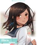  1girl :d atobesakunolove bangs black_hair blue_ribbon blue_sailor_collar blurry blurry_background braid brown_eyes character_name dark_skin english facial_mark facial_tattoo from_side hair_ribbon highres lips long_sleeves looking_at_viewer looking_to_the_side open_mouth outdoors overwatch petals pharah_(overwatch) ribbon sailor_collar school_uniform serafuku shirt short_hair side_braid sleeves_past_wrists smile solo swept_bangs tattoo tree upper_body watermark web_address white_shirt 