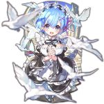  1girl bird blue_eyes blue_hair blurry blush breasts cleavage depth_of_field dress eyebrows_visible_through_hair hands_together interlocked_fingers large_breasts last_period long_sleeves looking_at_viewer maid_headdress open_mouth own_hands_together re:zero_kara_hajimeru_isekai_seikatsu rem_(re:zero) short_hair solo standing upper_teeth 