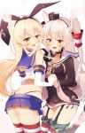  2girls :d amatsukaze_(kantai_collection) ass black_hairband black_panties black_shirt blonde_hair blue_skirt blush bokkun_(doyagaobyo) crop_top elbow_gloves eyebrows_visible_through_hair garter_straps gloves hair_between_eyes hair_ornament hairband hand_holding highleg highleg_panties highres interlocked_fingers kantai_collection long_hair looking_at_viewer looking_back microskirt multiple_girls open_mouth panties shimakaze_(kantai_collection) shirt silver_hair simple_background skirt smile striped striped_legwear thigh-highs twintails underwear very_long_hair white_background white_gloves white_shirt yellow_eyes 