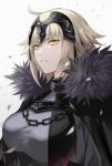  1girl animal_ears bangs black_capelet blonde_hair breasts capelet chains collar expressionless eyebrows_visible_through_hair fate/grand_order fate_(series) fur_trim gradient gradient_background jeanne_d&#039;arc_(alter)_(fate) jeanne_d&#039;arc_(fate)_(all) large_breasts lips looking_at_viewer matsurika_youko medium_breasts pale_skin parted_lips petals short_hair solo tsurime v-shaped_eyebrows white_background yellow_eyes 