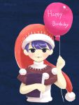  1girl 2018 :3 balloon bangs bare_arms black_capelet blush book capelet cropped_torso dated doremy_sweet dress eyebrows facing_viewer happy_birthday hat holding holding_balloon holding_book itatatata looking_at_viewer nightcap open_mouth pom_pom_(clothes) purple_hair red_hat short_hair smile solo touhou turtleneck upper_body violet_eyes white_dress 