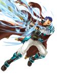  1boy arm_guards armor armored_boots blue_eyes blue_hair boots cape fingerless_gloves fire_emblem fire_emblem:_akatsuki_no_megami fire_emblem:_souen_no_kiseki fire_emblem_heroes full_body gloves glowing glowing_weapon headband highres holding holding_sword holding_weapon ike kita_senri knee_boots looking_away male_focus official_art open_mouth pants ragnell short_hair shoulder_armor sword transparent_background weapon 