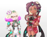  2girls angry armor blush breasts cephalopod_eyes cleavage cosplay crossover crown dark_skin domino_mask dress flat_chest mythra_(xenoblade) mythra_(xenoblade)_(cosplay) hime_(splatoon) pyra_(xenoblade) pyra_(xenoblade)_(cosplay) iida_(splatoon) jewelry long_hair mask mole mole_under_mouth multicolored_hair multiple_girls nintendo octarian pink_pupils short_hair smile splatoon splatoon_2 super_smash_bros. tentacle_hair tiara white_hair xenoblade xenoblade_2 yellow_eyes 