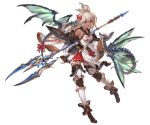  1girl bangs bare_shoulders bell bell_collar boots bow bowtie collar dark_skin dragon dragon_tail dragon_wings full_body granblue_fantasy hair_ornament holding holding_weapon knee_pads long_hair looking_at_viewer minaba_hideo official_art open_mouth pleated_skirt polearm red_eyes ribbon skirt tail the_order_grande thigh-highs transparent_background weapon wide_sleeves wings zettai_ryouiki 