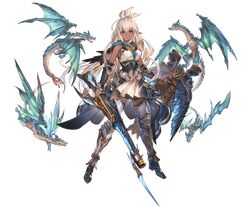  1girl arm_guards armor armored_boots bangs boots breasts dark_skin dragon dress dual_wielding full_body granblue_fantasy gun holding holding_weapon long_hair looking_at_viewer medium_breasts minaba_hideo official_art overskirt red_eyes rifle shield short_dress sleeveless standing the_order_grande thigh-highs transparent_background weapon white_hair zettai_ryouiki 