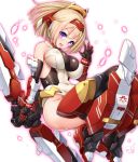  1girl asura_archer bare_shoulders black_gloves blonde_hair blue_eyes bow_(weapon) breasts covered_navel doyouwantto elbow_gloves erect_nipples facial_mark full_body gauntlets gloves hair_ribbon hairband highres holding holding_bow_(weapon) holding_weapon impossible_clothes impossible_leotard knees_up large_breasts legs_together leotard looking_at_viewer mecha_musume megami_device open_mouth ribbon shiny shiny_clothes shiny_hair shiny_skin skin_tight solo teeth weapon white_legwear 
