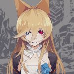  1girl animal_ears armor bangs blonde_hair blue_eyes breasts collarbone commentary_request dress flower fox_ears g41_(girls_frontline) girls_frontline hair_between_eyes halter_dress halterneck heterochromia long_hair looking_at_viewer papaia_(quentingqoo) parted_lips red_eyes small_breasts smile solo very_long_hair white_dress 