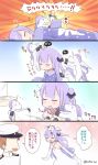  1girl 5koma :d ^_^ admiral_(azur_lane) ahenn ahoge alarm_clock alternate_costume azur_lane brown_hair clock closed_eyes comic commentary_request dress elbow_gloves gloves hat headgear long_hair military military_uniform naval_uniform one_side_up open_mouth pajamas peaked_cap purple_hair side_bun sleeping smile stuffed_animal stuffed_pegasus stuffed_toy stuffed_unicorn translation_request unicorn_(azur_lane) uniform violet_eyes white_dress white_gloves white_legwear 