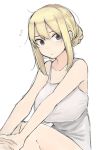  1girl absurdres bare_arms bare_shoulders blonde_hair breasts camisole closed_mouth eyebrows_visible_through_hair flying_sweatdrops hair_between_eyes highres kinpatsu-chan_(rucchiifu) large_breasts original rucchiifu short_hair simple_background sitting sketch solo stretch violet_eyes white_background 