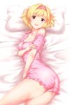  1girl ass bare_legs bare_shoulders blonde_hair blush breasts brown_eyes cleavage crossed_arms djeeta_(granblue_fantasy) granblue_fantasy hair_intakes highres looking_at_viewer lying medium_breasts off_shoulder on_side open_mouth pajamas pillow sakaokasan short solo 