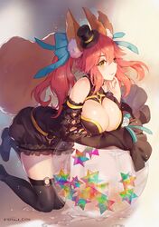  1girl animal_ears ball bare_shoulders black_dress black_footwear black_hat black_legwear breasts cleavage criin detached_sleeves dress eyebrows_visible_through_hair fate/extra fate_(series) flower fox_ears fox_tail hair_between_eyes hat highres kneeling large_breasts long_hair mini_hat o-ring pink_hair rose saint_quartz shoes sleeves_past_wrists smile solo tail tamamo_(fate)_(all) tamamo_no_mae_(fate) thigh-highs top_hat twitter_username white_flower white_rose yellow_eyes 