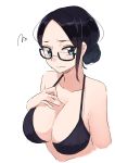  1girl bangs bare_shoulders bikini black_bikini black_hair blue_eyes blush breasts closed_mouth eyebrows_visible_through_hair hair_bun highres huge_breasts looking_at_viewer original parted_bangs rucchiifu simple_background solo squiggle swimsuit upper_body white_background 