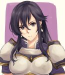  1girl aira_(fire_emblem) black_hair blue_eyes breastplate breasts earrings fire_emblem fire_emblem:_seisen_no_keifu fire_emblem_heroes gloves jewelry long_hair solo sou_mei violet_eyes weapon 