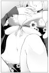  1girl bent_knee breasts cleavage commentary_request dutch_angle front-tie_bikini front-tie_top hand_on_own_chin head_out_of_frame highres monochrome nande_koko_ni_sensei_ga!? navel off_shoulder open_mouth original short_hair soborou underwear 