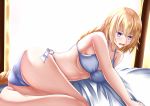  1girl ass bed bikini blonde_hair blue_eyes braid breasts fate/apocrypha fate/grand_order fate_(series) jeanne_d&#039;arc_(fate) jeanne_d&#039;arc_(fate)_(all) large_breasts long_braid looking_at_viewer lying on_side open_mouth side-tie_bikini solo swimsuit tsukihayashi violet_eyes white_bikini 