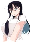  1girl black_hair blue_eyes blush breasts closed_mouth eyebrows_visible_through_hair flying_sweatdrops highres huge_breasts looking_at_viewer original rucchiifu shirt short_sleeves simple_background solo sweatdrop upper_body white_background white_shirt 