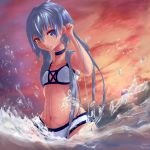  1girl alternate_costume bangs blachoco blue_choker blue_eyes blue_hair breasts choker closed_mouth clouds cloudy_sky dated evening expressionless girls_frontline hair_between_eyes hand_in_hair heterochromia highres long_hair looking_at_viewer navel outdoors sidelocks signature sky small_breasts solo splashing spp-1_(girls_frontline) standing_in_water stomach swimsuit thighs water_drop waves wet wet_hair yellow_eyes 