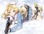  1girl ammunition_pouch ankle_boots bangs belt beret blonde_hair blue_eyes blue_jacket blue_skirt blush boots closed_mouth fingerless_gloves fur-trimmed_jacket fur_trim girls_frontline gloves gun hat highres hips jacket jju_kumey looking_at_viewer lying magazine_(weapon) medium_hair multicolored_hair navel neck_ribbon on_stomach ots-44_(girls_frontline) outdoors pleated_skirt ribbon rifle scope sidelocks skirt smile sniper_rifle snow snowing socks solo stomach strap streaked_hair thick_eyebrows thigh_strap weapon white_neckwear wrist_straps yellow_footwear 